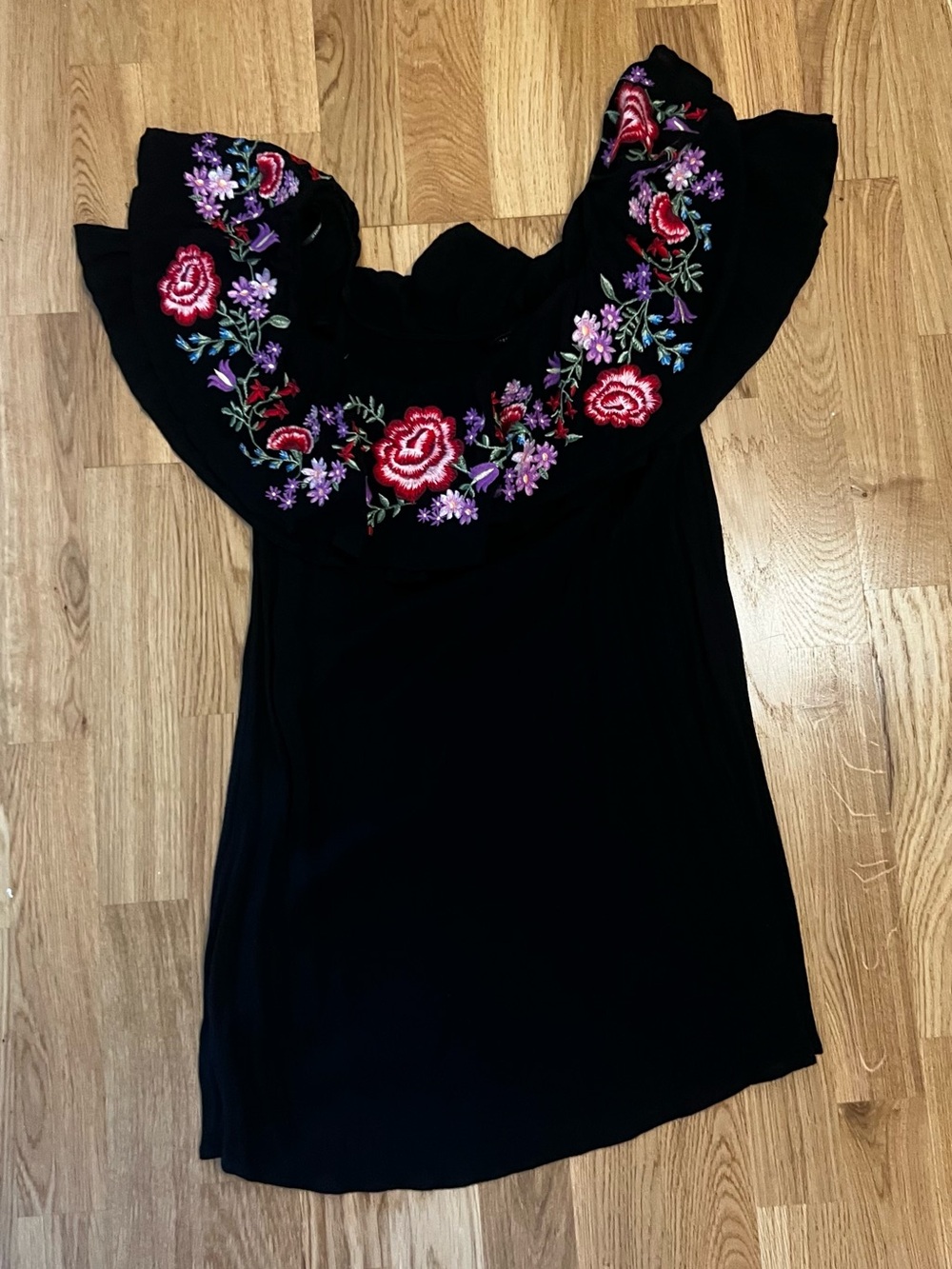 Off-Shoulder Black Top with Red & Purple Floral Embroidery